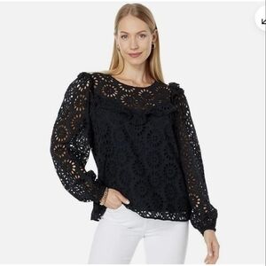 Lilly Pulitzer Caroline Top Onxy Eyelet With Ruffles 100% Cotton Size Large